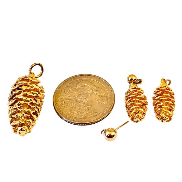 Pine Cone Pendant and Earrings Set Gold Plated As Is Needs Repair - Picture 4 of 7